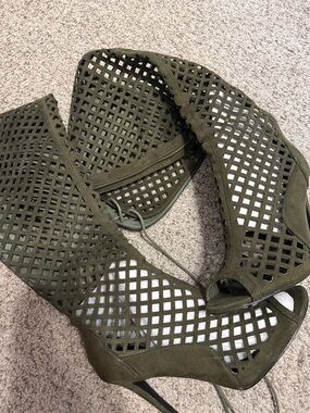 Olive Green Laser-Cut High Heel Booties